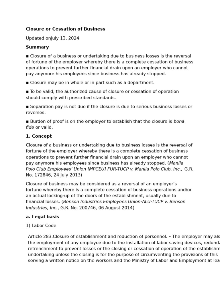 Closure or Cessation of Business Basis | PDF
