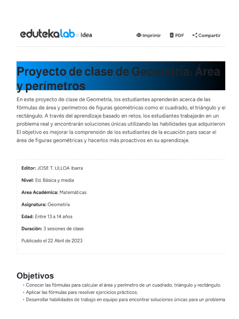 Proyecto de Clase de Geometría - Área Y Perímetros | PDF