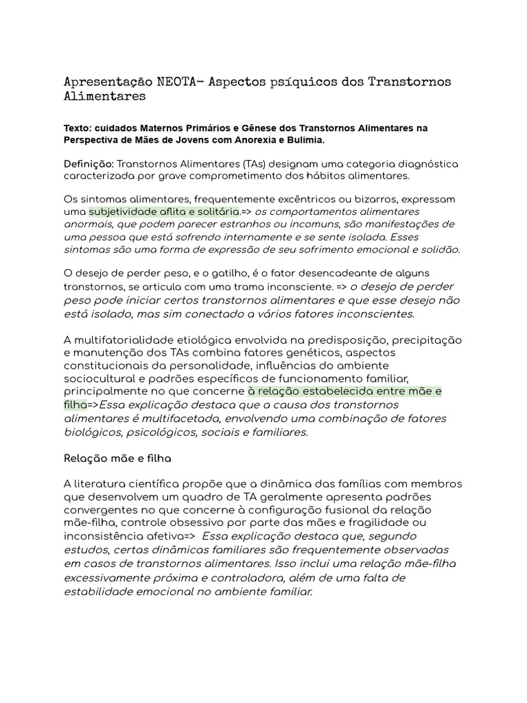 Apresentação NEOTA - Aspectos Psíquicos Dos Transtornos Alimentares | PDF