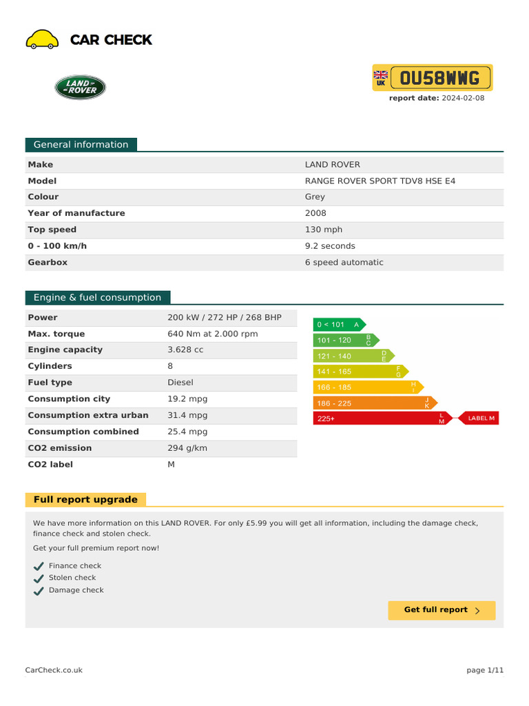 Car Check Report Range Rover Sport 2008 | PDF