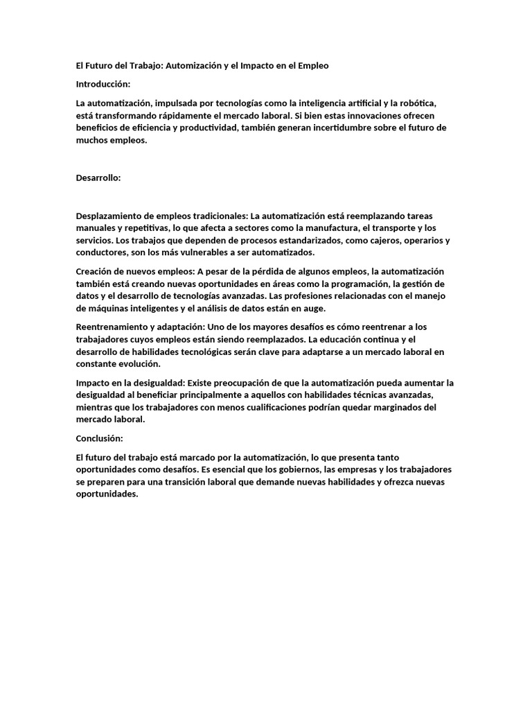 El Futuro Del Trabajo Automización y El Impacto en El Empleo | PDF