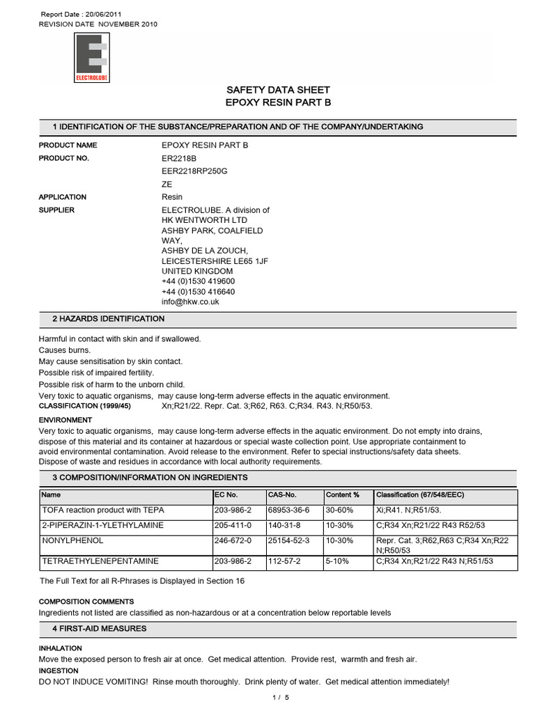 MSDS ELECTROLUBE ER2218 B Low Viscosity Flame Retardant Epoxy Resin Eng