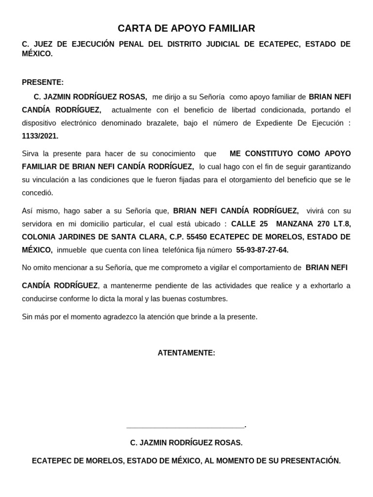 Carta de Apoyo Familiar para Libertad Condicionada | PDF