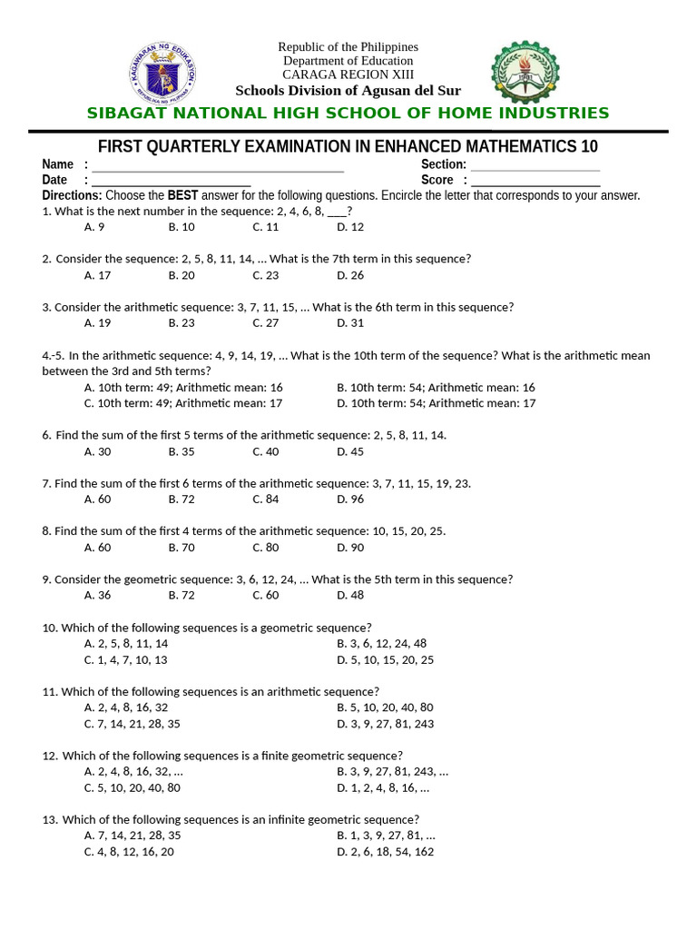 Enhanced Math 10 Exam Questions | PDF | Polynomial | Teaching Methods ...