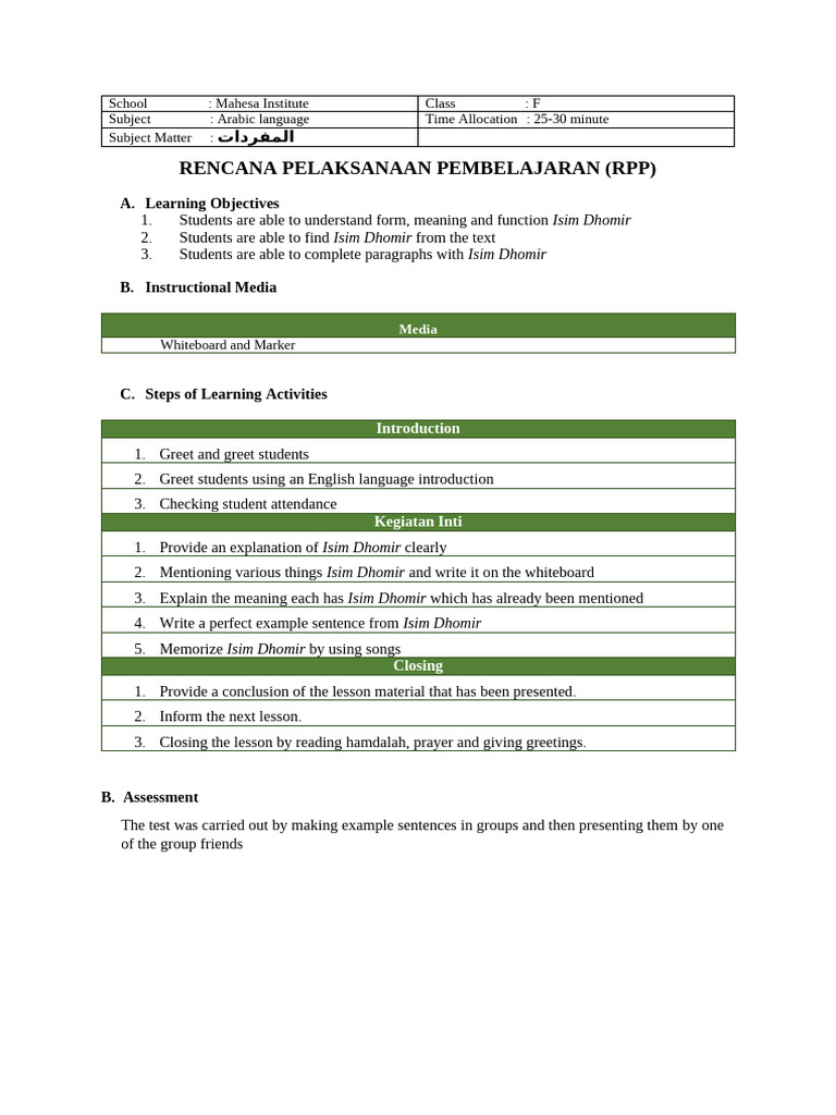 RPP Micro Teaching Mahesa Institute Muhamad Tajudin | PDF