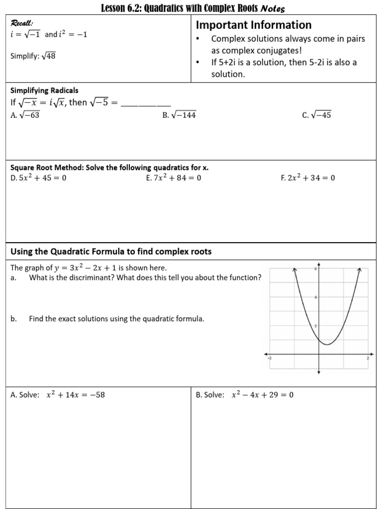 Lesson 6 2 quadratics with complex roots pdf