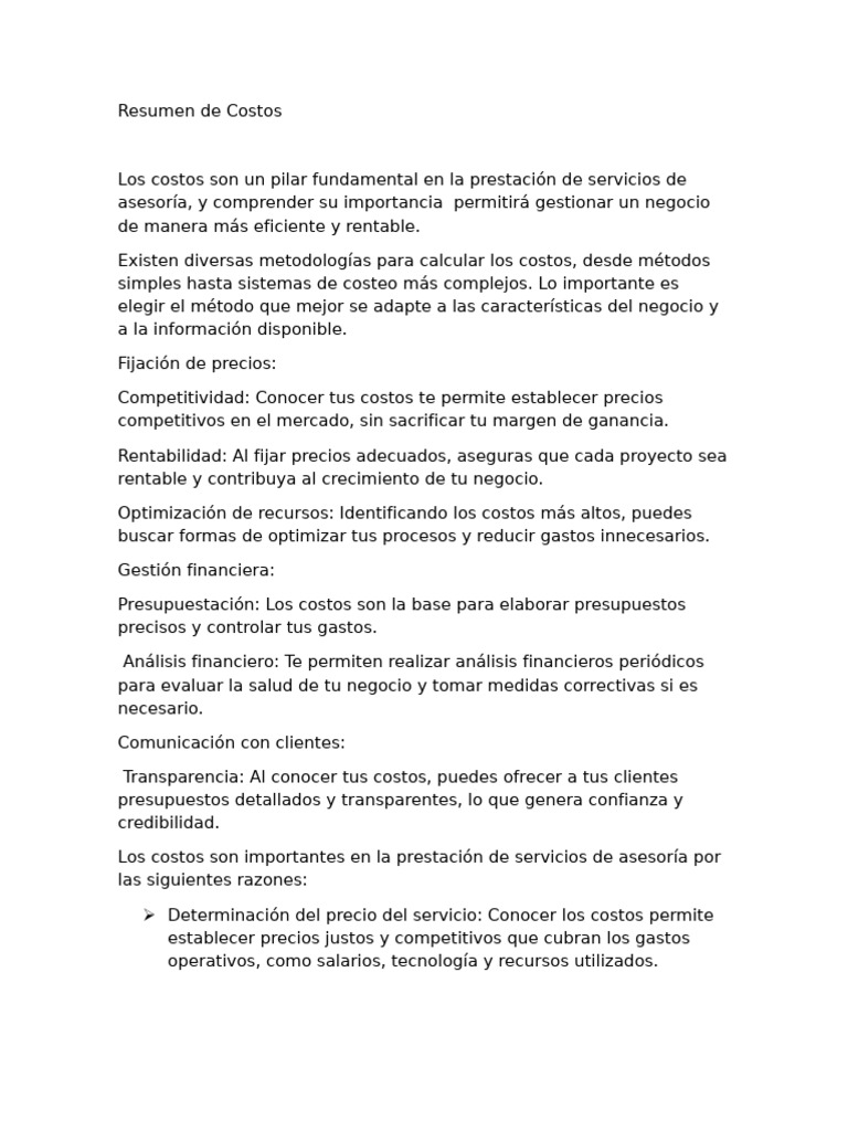 Resumen de Costos | PDF | Presupuesto | Calidad (comercial)
