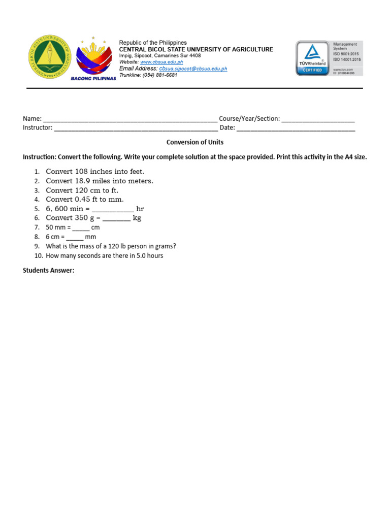 Conversion of Units Activity | PDF