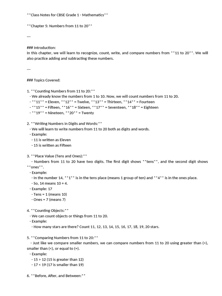Class Notes For CBSE - Grade 1 - Maths - Chapter 05 | PDF