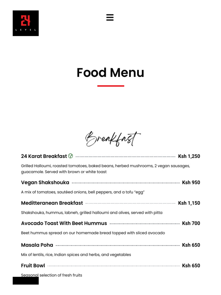 Food Menu - Level 24 Eatery | PDF