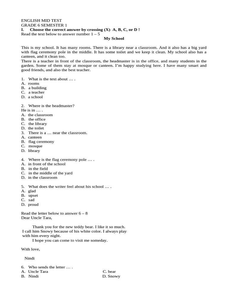English Mid Test Kls 6 | PDF