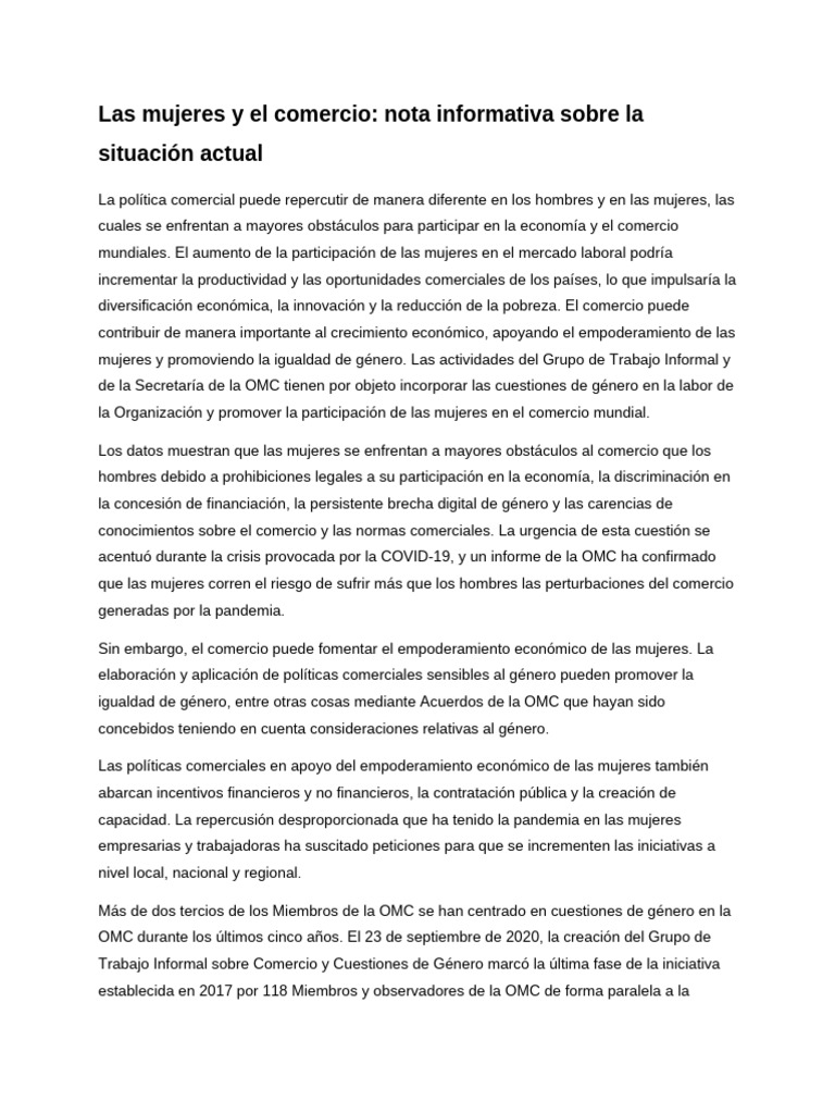 Las Mujeres y El Comercio | PDF | Organización de Comercio Mundial ...