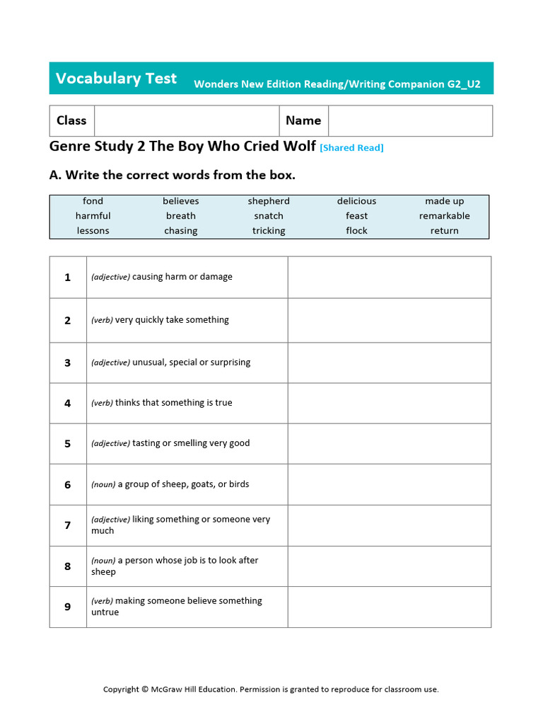 Vocabulary Test G2 U2 GS2 ENG Type B (Including Sample Sentences) | PDF