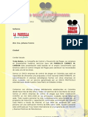 Competencia Perspicaz Agotamiento Cotizacion Truly Nolen Control de Plagas - La Parrilla Carnes Al Carbon |  PDF | Análisis de Riesgo y Puntos Críticos de Control | Servicio al Cliente