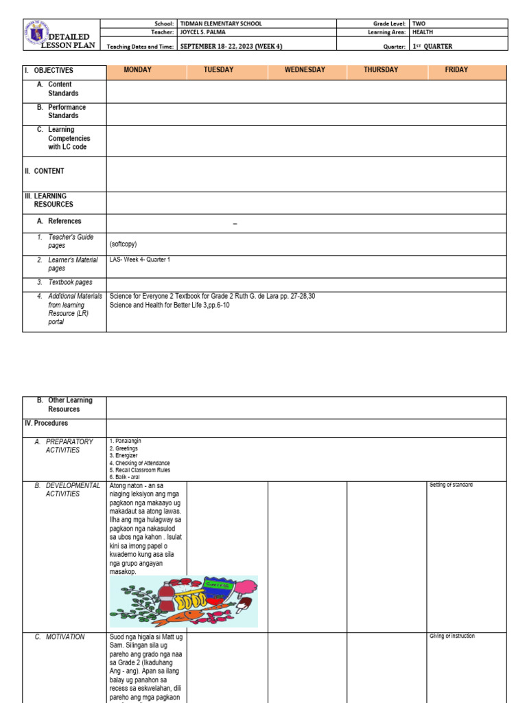 Grade 2 Nutrition Lesson Plan | PDF | Teaching | Cognition