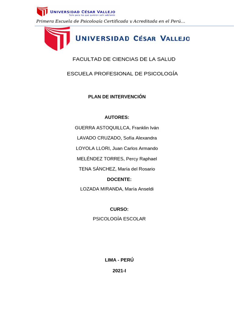 Plan de Intervención en Psicología Escolar | PDF | Las emociones ...
