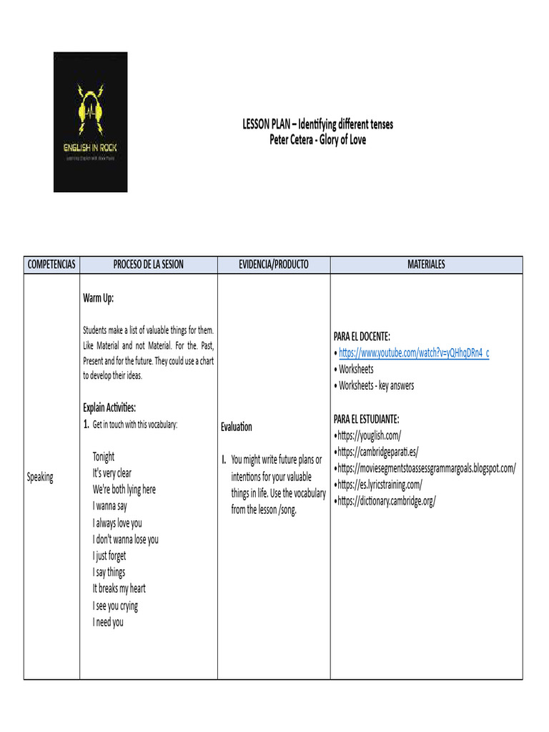 Different Tenses - Lesson Plan - English in Rock | PDF | Linguistics