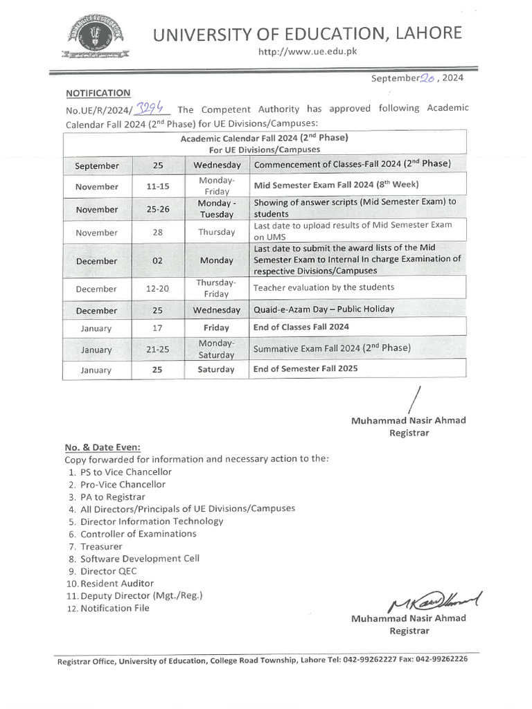 Notification Academic Calendar Fall 2024 (2nd Phase) For UE Divisions