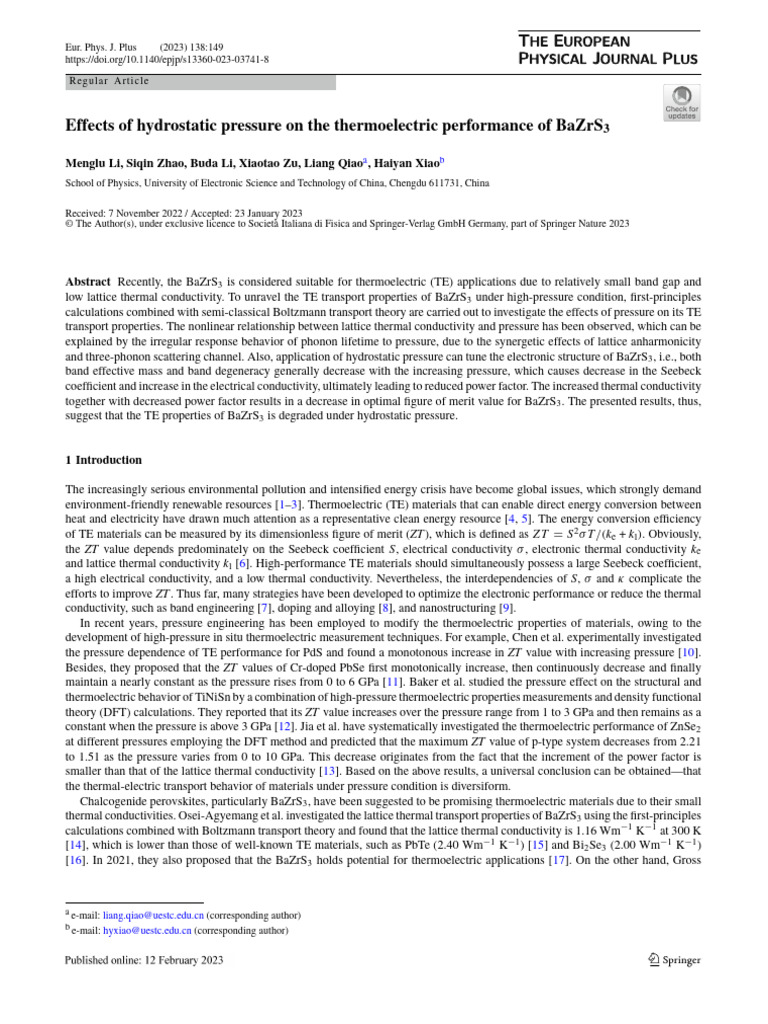Hydrostatic Pressure Effects on BaZrS3 TE Performance | PDF | Phonon ...