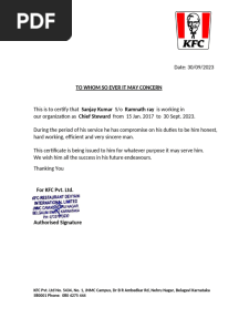 KFC Experience Letter