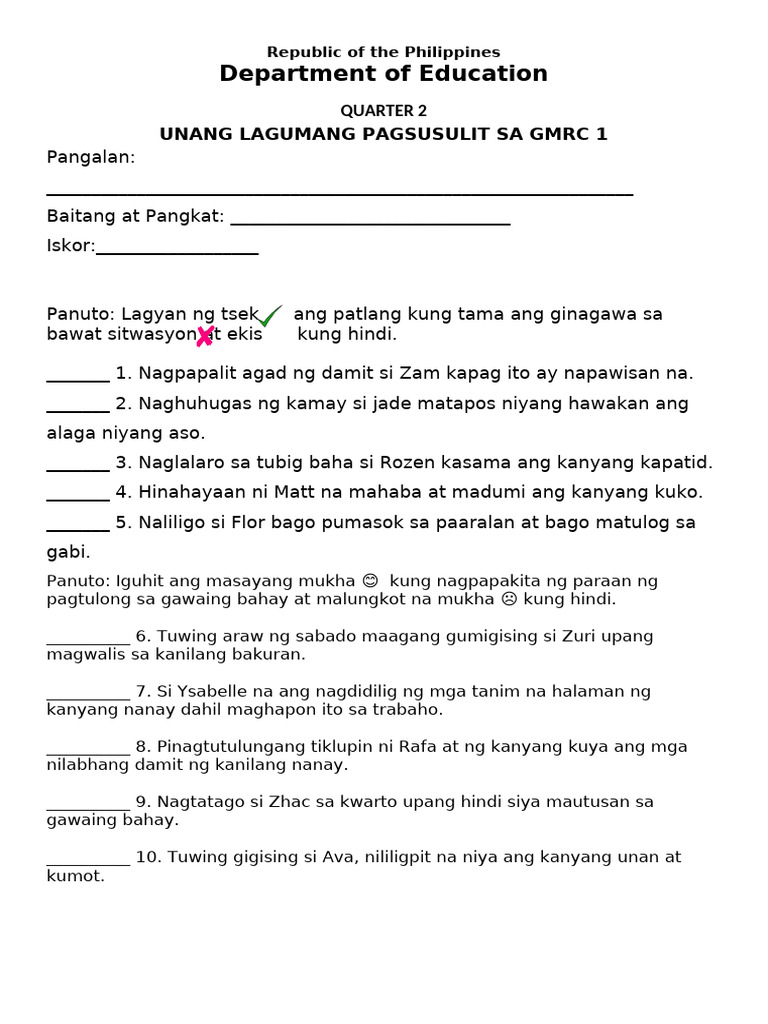 q2 1st Summative Test in GMRC 1 | PDF