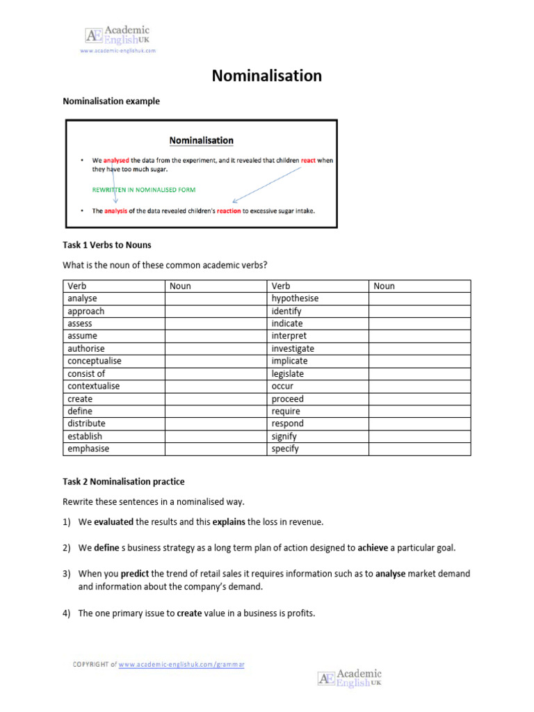 Nominalisation practice | PDF