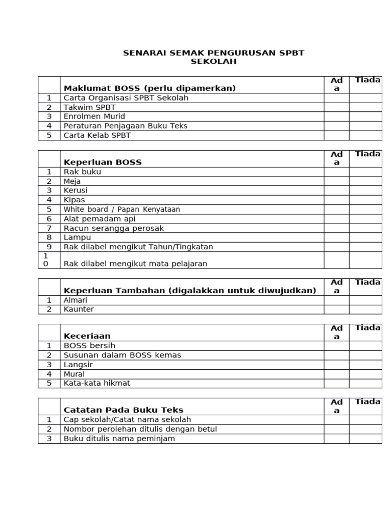 Senarai Semak Pengurusan SPBT Sekolah | PDF