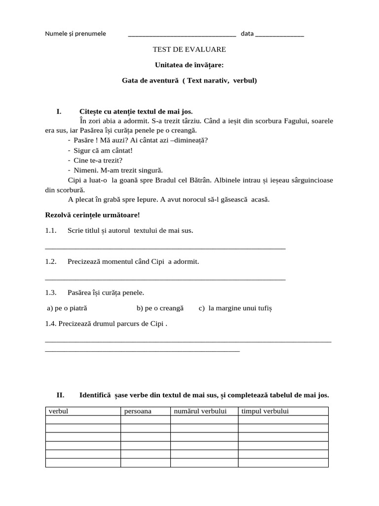 Test de Evaluare Text Narativ Verbul | PDF