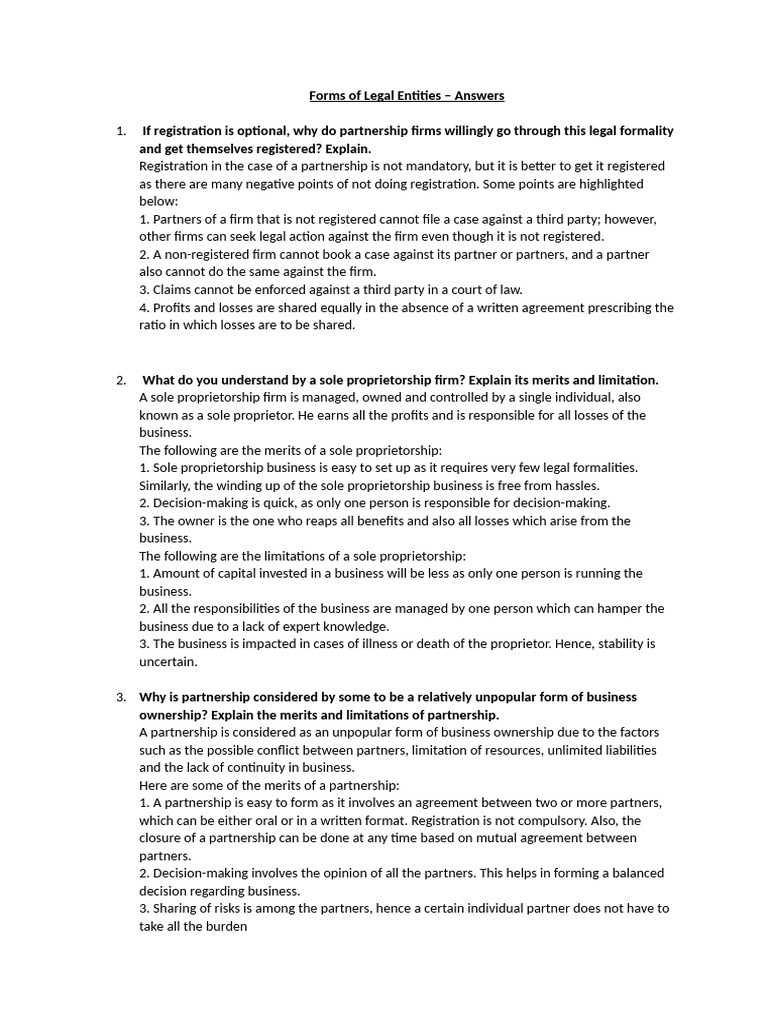 Forms of Legal Entities - Asignment - Answers | PDF
