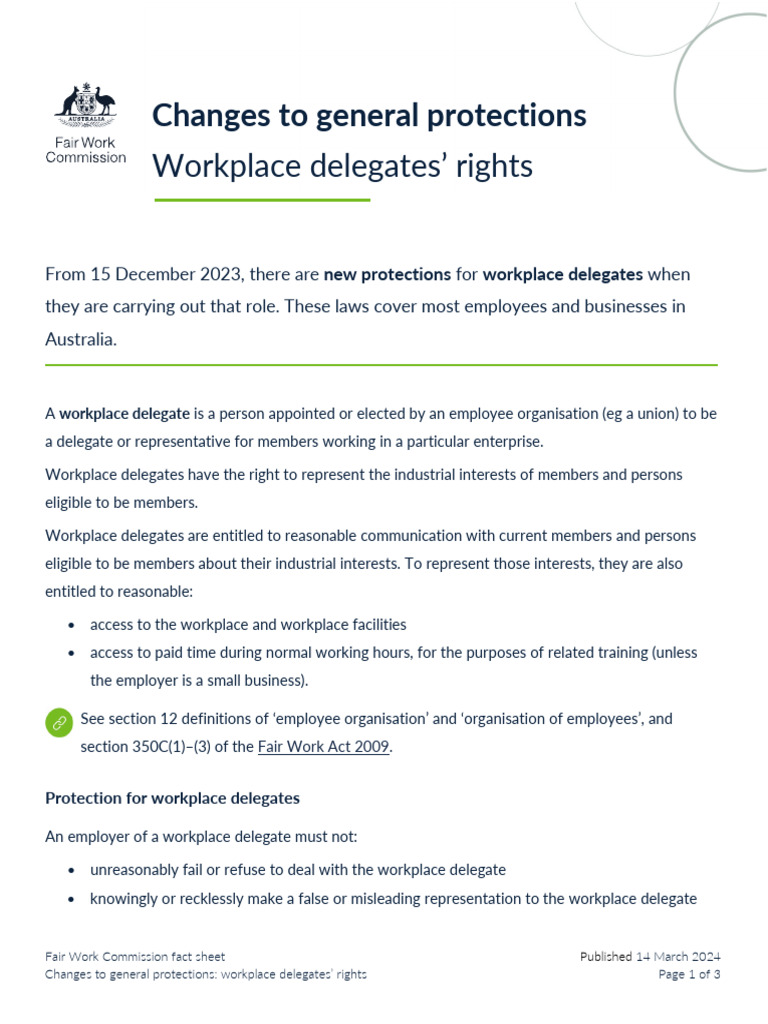Changes To General Protections Workplace Delegates Rights | PDF