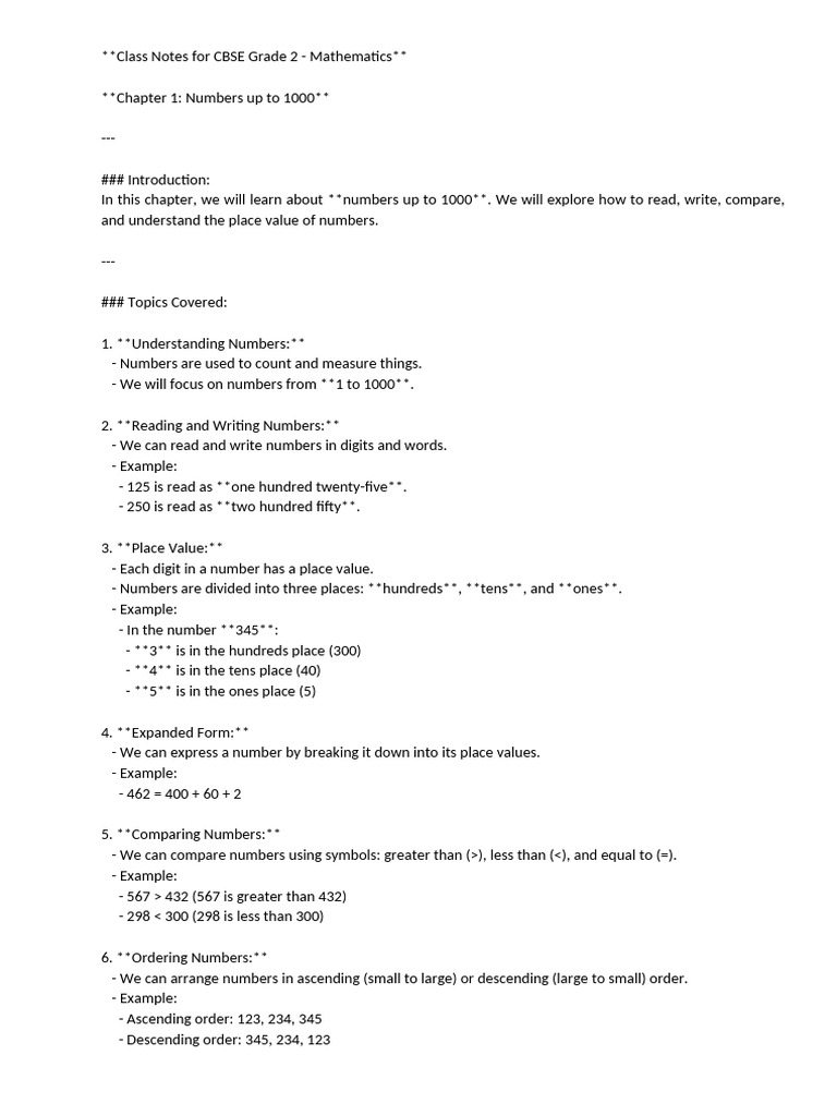 Class Notes For CBSE - Grade 2 - Maths - Chapter 01 | PDF