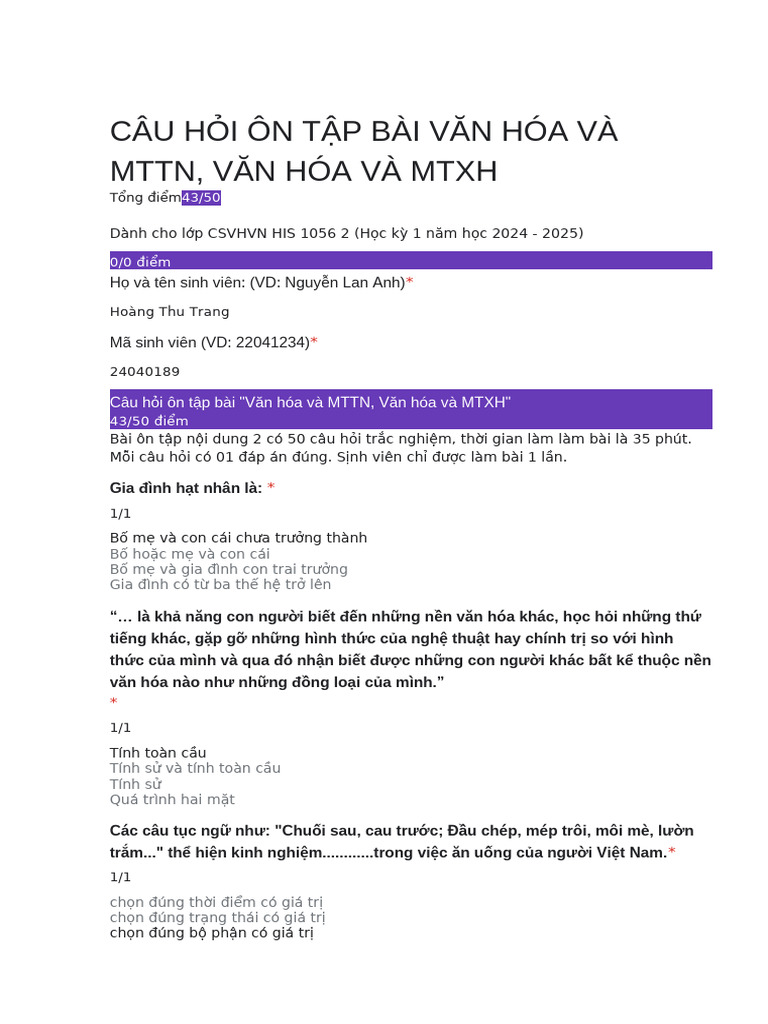Câu Hỏi Ôn Tập Bài Văn Hóa Và Mttn | PDF