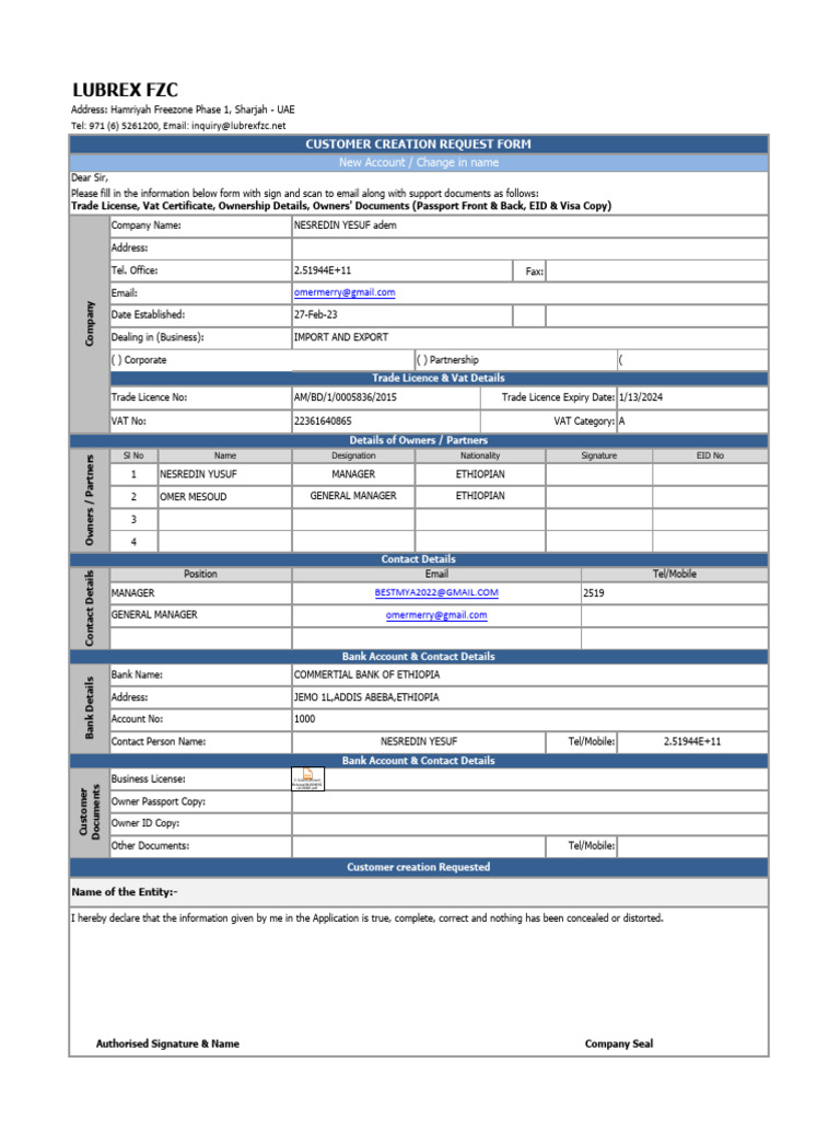 Customer Creation Form