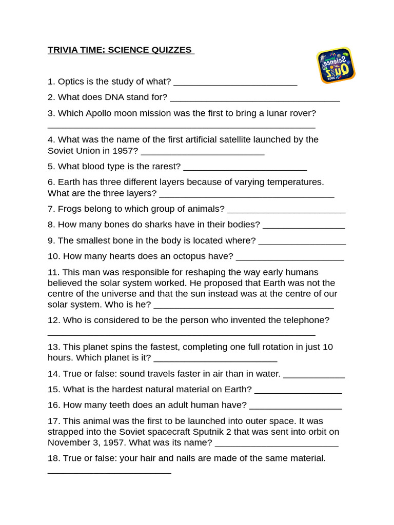 Trivia time science quizzes pdf