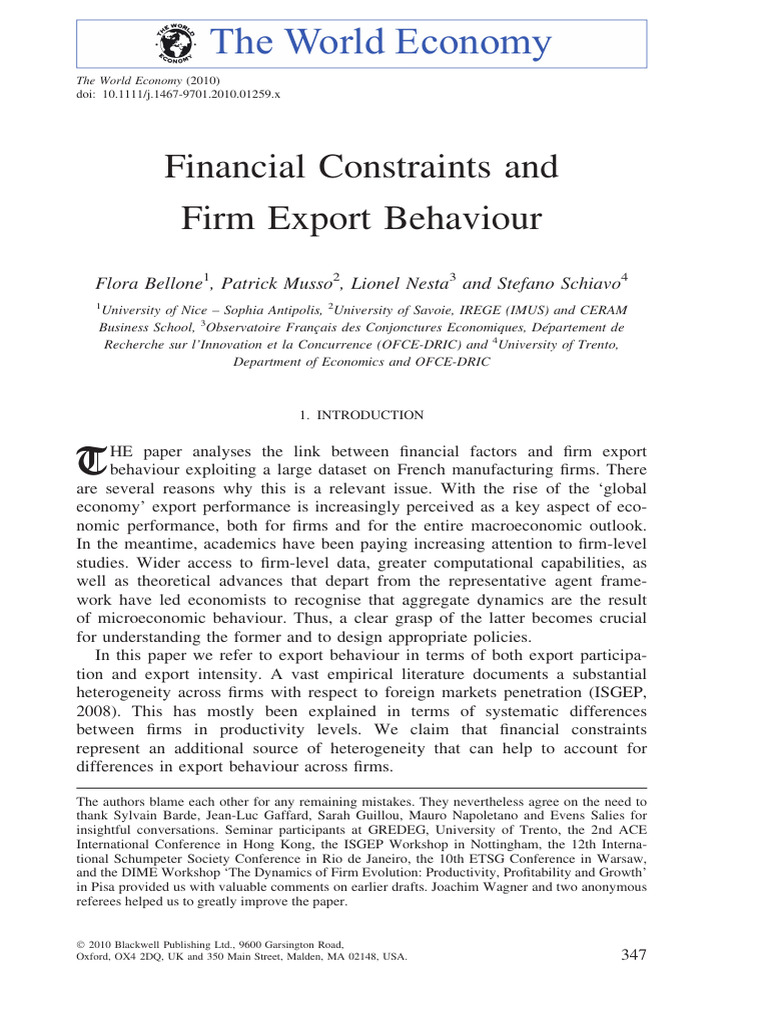 Financial Constraints and Firm Export Behaviour | PDF