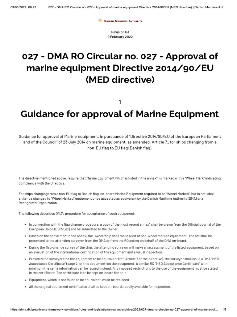 DMA 027 Version 03 - Approval of Marine Equipment (MED Directive) | PDF