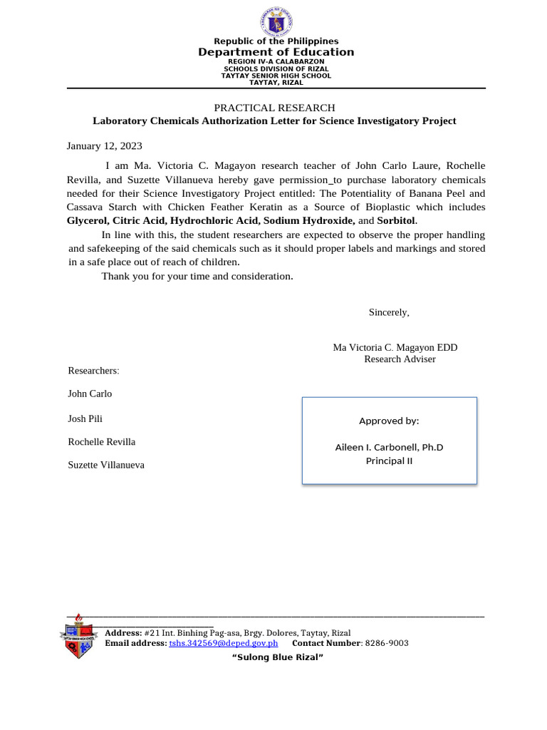 Laboratory Chemicals Authorization Letter for Science Investigatory