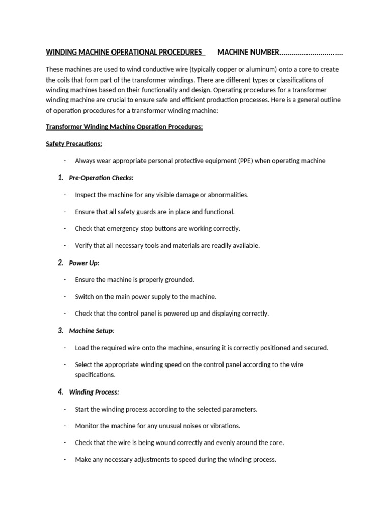 Winding Machine Operational Procedures | PDF
