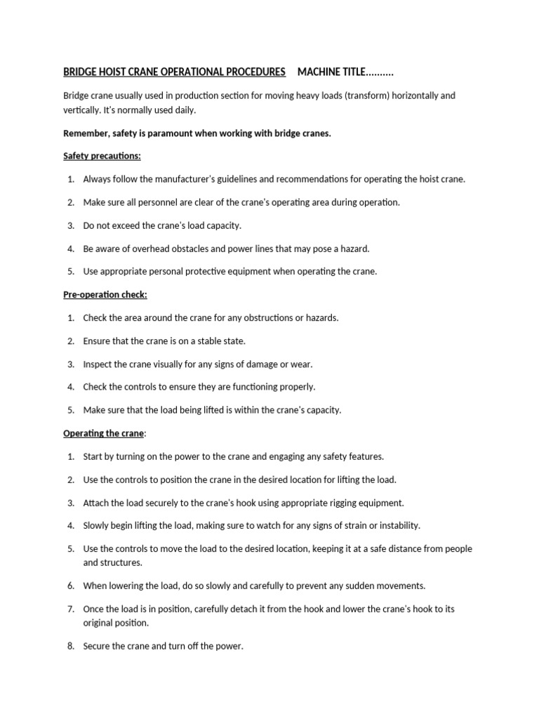 Bridge Hoist Crane Operational Procedures | PDF