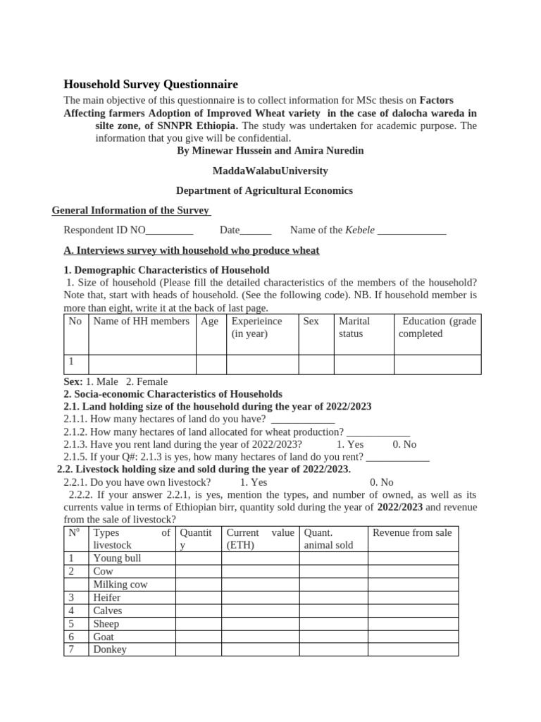 Household survey questionnaire pdf