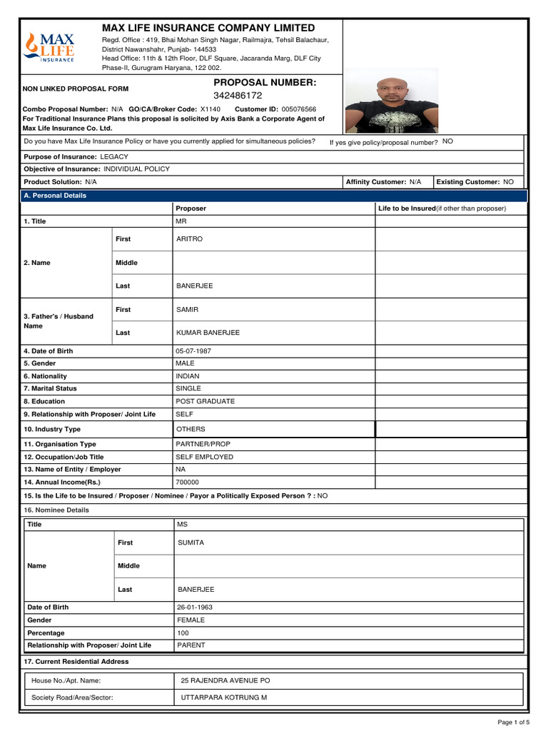 Max Life Insurance Proposal Form Details | PDF | Insurance | Life Insurance