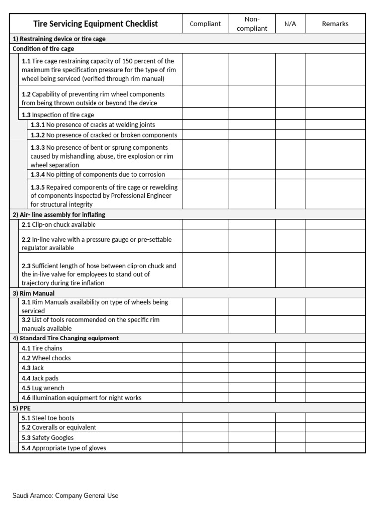 Supplement A. Tire Servicing Equipment Checklist | PDF