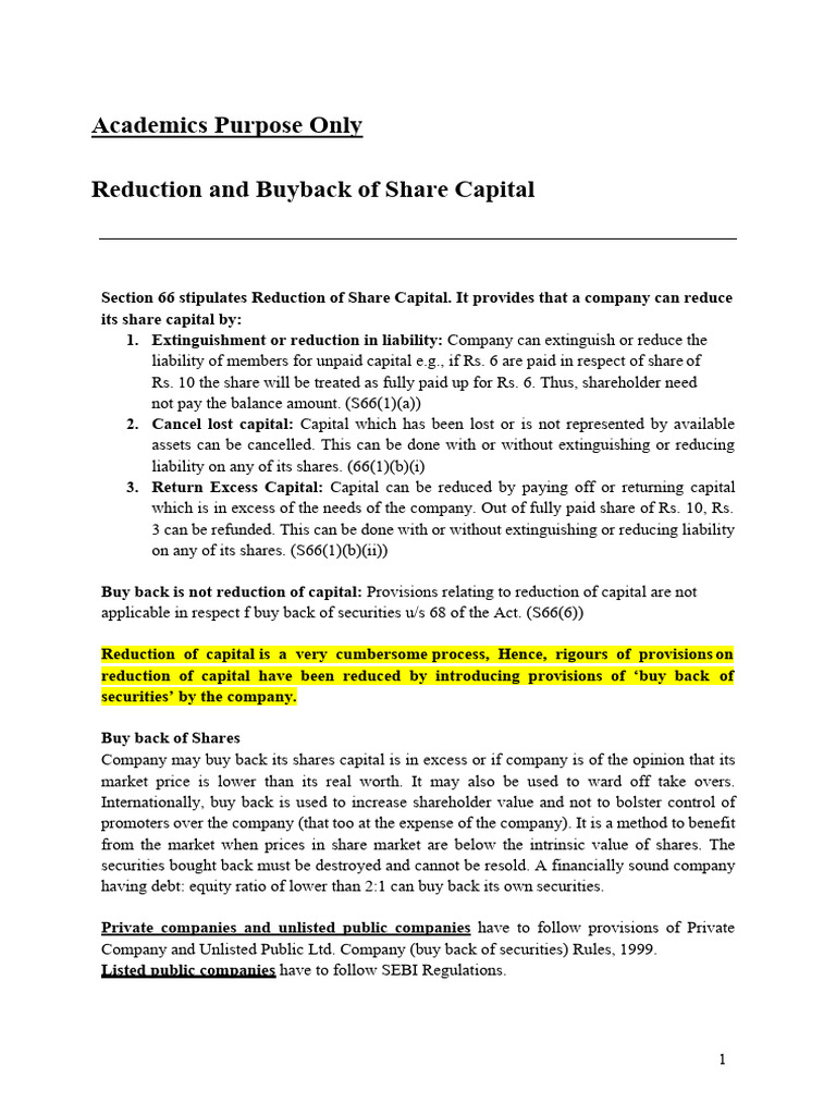 Reduction and Buyback - Notes | PDF