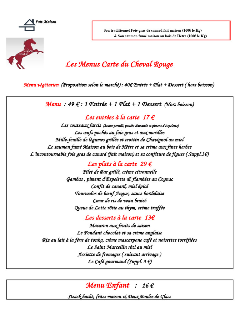 Menus du Cheval Rouge : Fait Maison | PDF