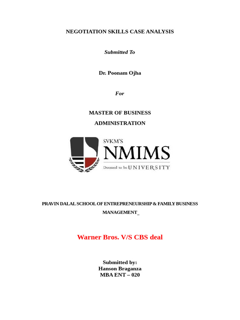 Negotiation Skills Case Analysis: Warner Bros. V/S CBS Deal | PDF