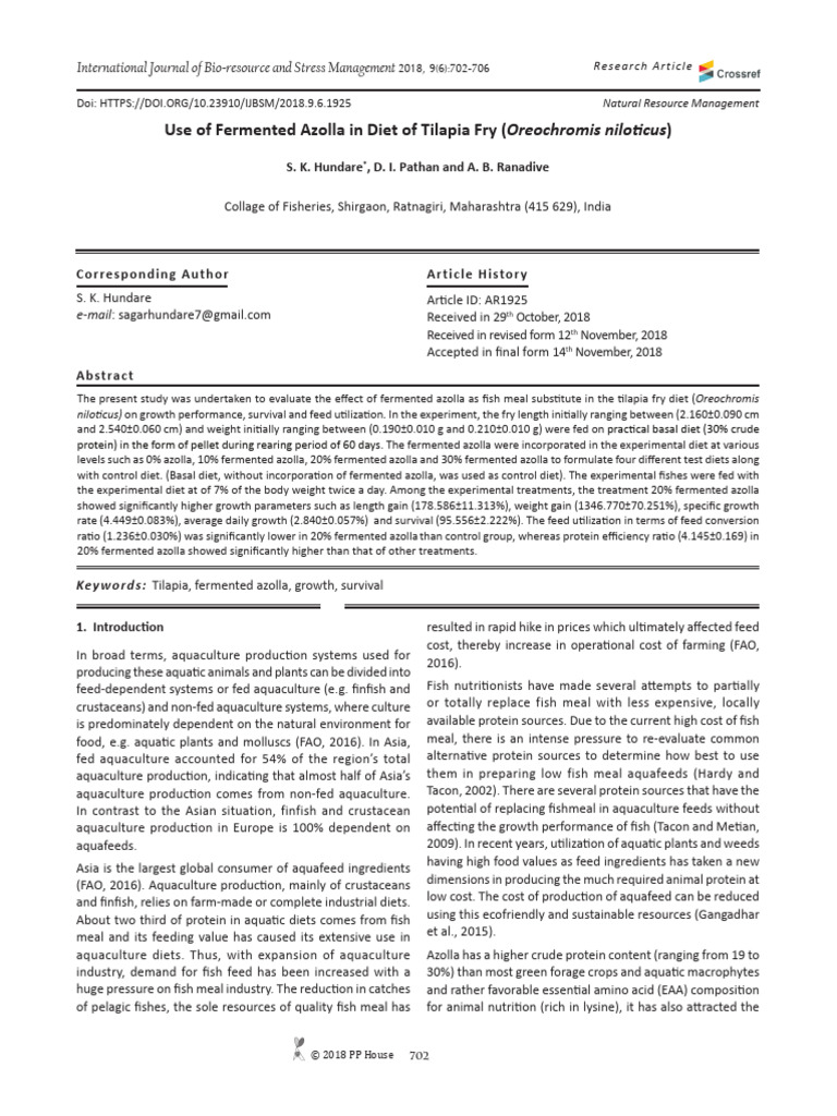 Use of Fermented Azolla in Diet of Tilapia Fry (Oreochromis Niloticus ...