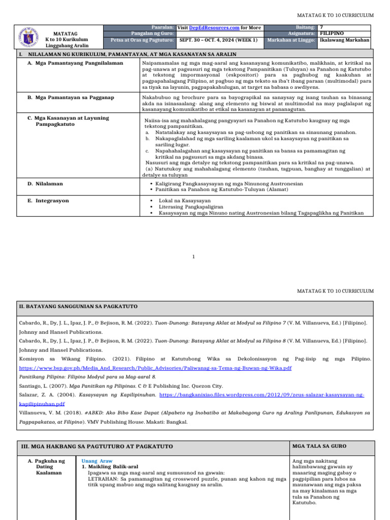 Dll matatag filipino 7 q2 w1 pdf