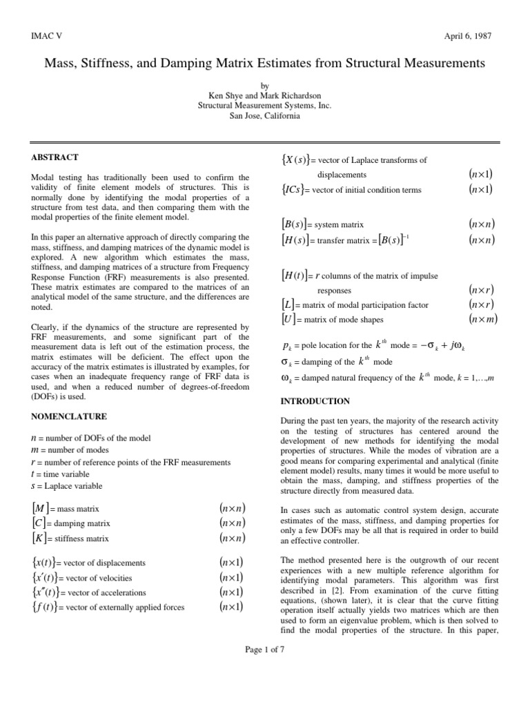 Mass, Stiffness, and Damping Matrix Estimates From Structural ...