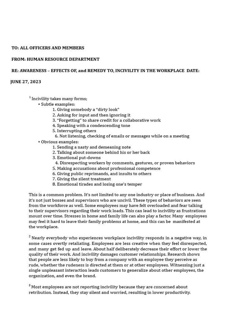 Awareness Incivility In The Workplace Pdf