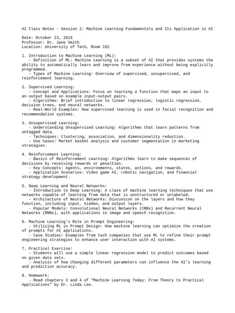 AI Class Notes Session 2 Machine Learning Fundamentals and Its ...